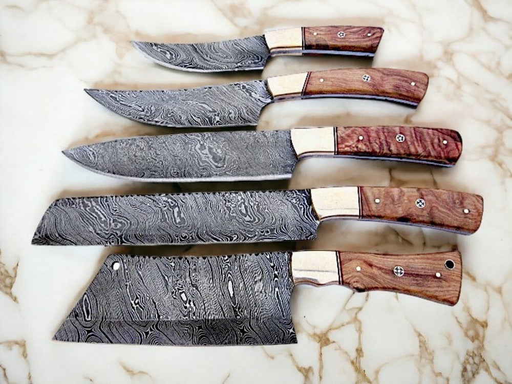 Handmade Damascus Steel Chef Knife Set Of 5 In Damascus steel