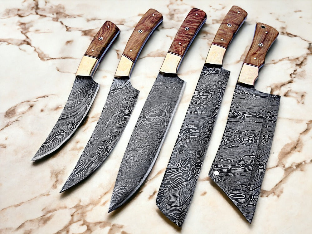 Handmade Damascus Steel Chef Knife Set Of 5 In Damascus steel