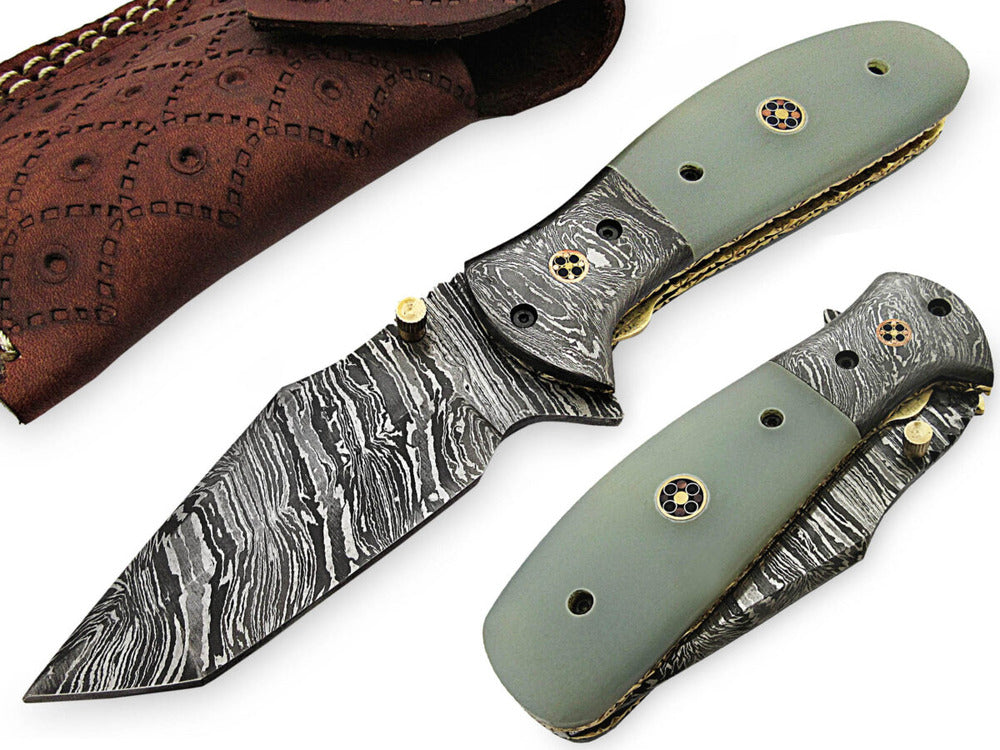 Custom Handmade Damascus Folding Knife with Camel Bone Handle and Leather Sheath-Versatile, Rust Resistant & Easy to Carry!